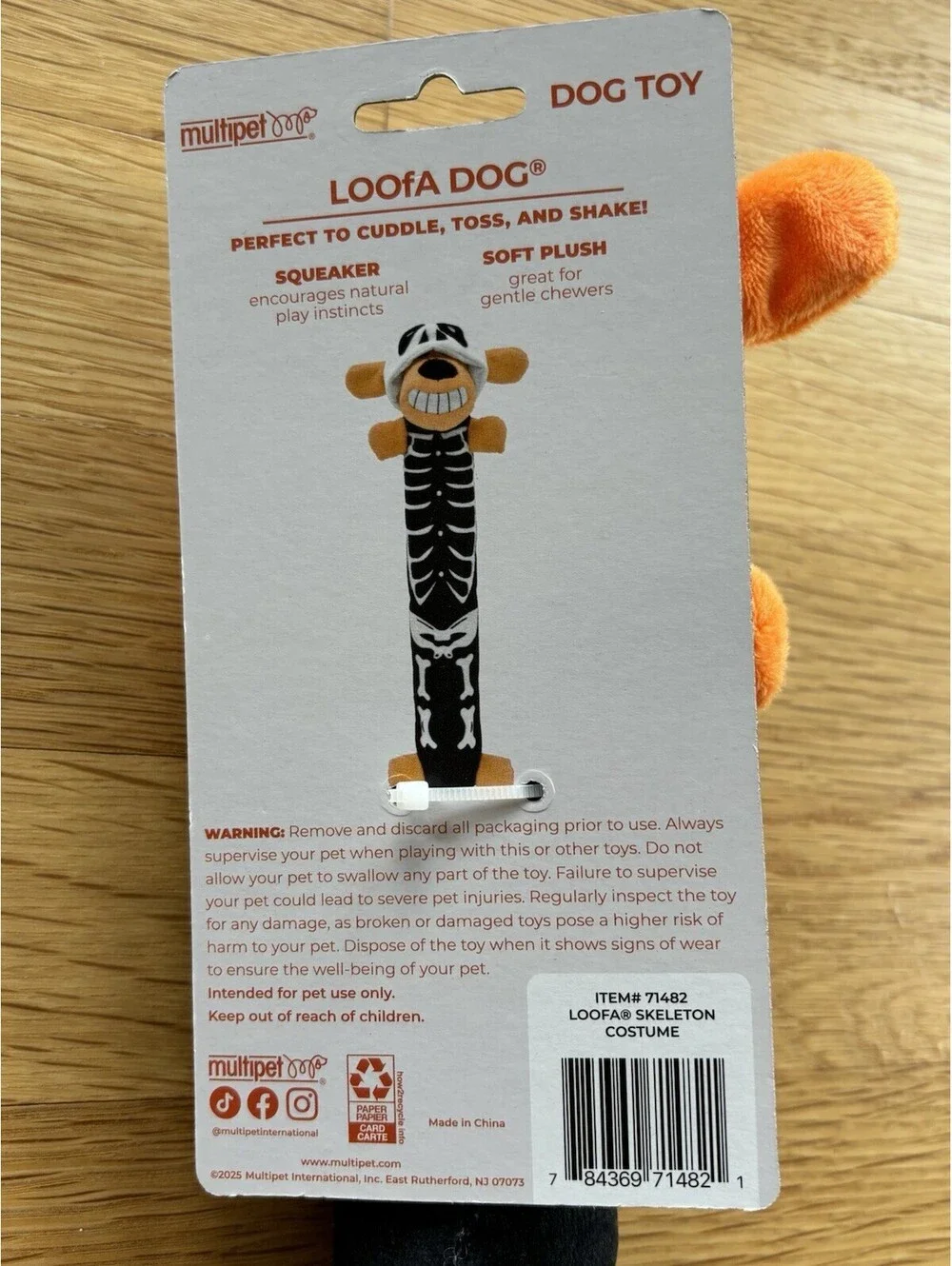 Multipet Loofa Dog Skeleton Costume Halloween Plush Squeaker Toy Orange 12” New